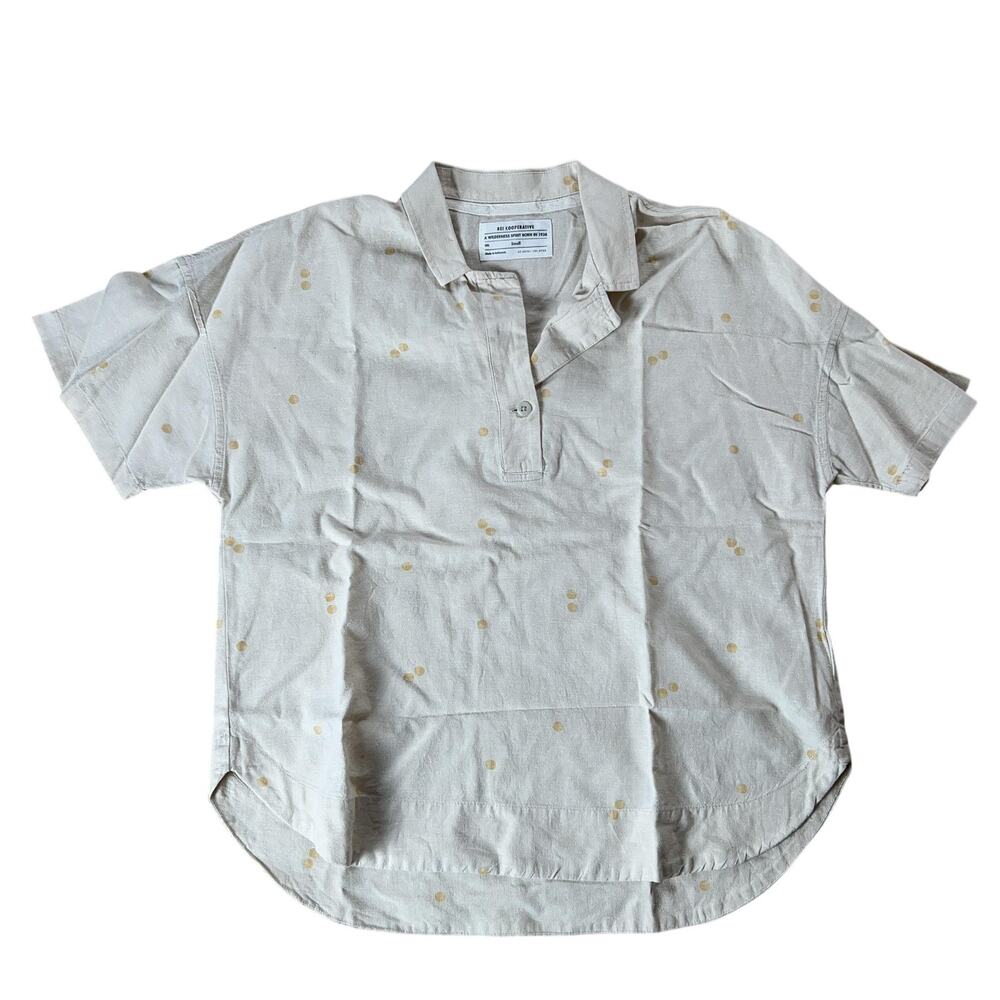 REI Cooperative Polo Unisex S Beige Polka Dot Hemp Cotton Relaxed Casual